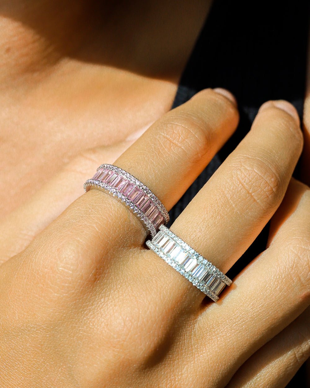 PINK BAGUETTE BAND RING 925. - WHITE GOLD
